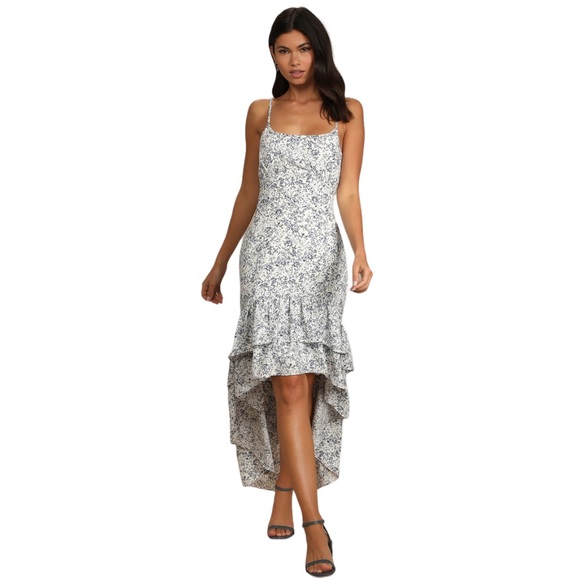 Lulu’s Cheery Attitude White Floral Print Ruffled High-Low Maxi Dress - Picture 1 of 7
